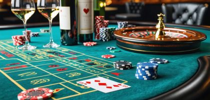 A sophisticated casino table setup featuring various wine bottles and glasses alongside poker chips, cards, and a roulette wheel, illustrating the luxurious pairing of wines with casino games.