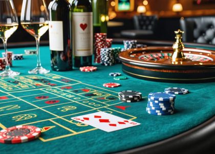 A sophisticated casino table setup featuring various wine bottles and glasses alongside poker chips, cards, and a roulette wheel, illustrating the luxurious pairing of wines with casino games.