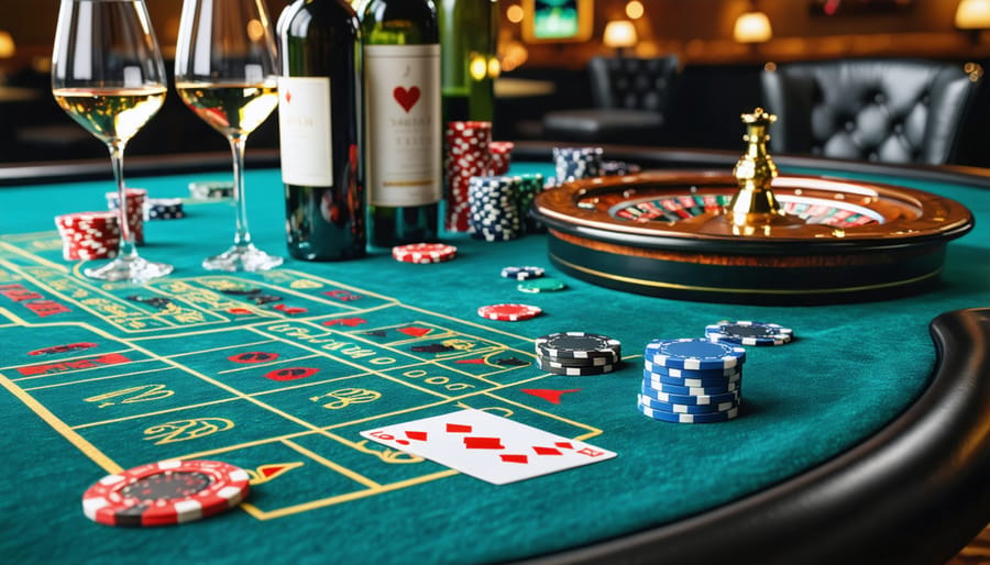 A sophisticated casino table setup featuring various wine bottles and glasses alongside poker chips, cards, and a roulette wheel, illustrating the luxurious pairing of wines with casino games.