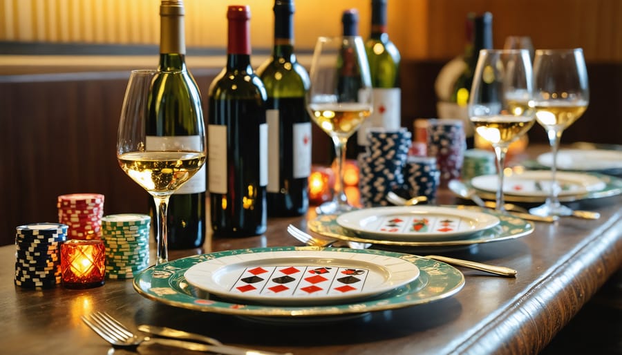 Elaborate casino-themed dining setup featuring wine bottles and glasses