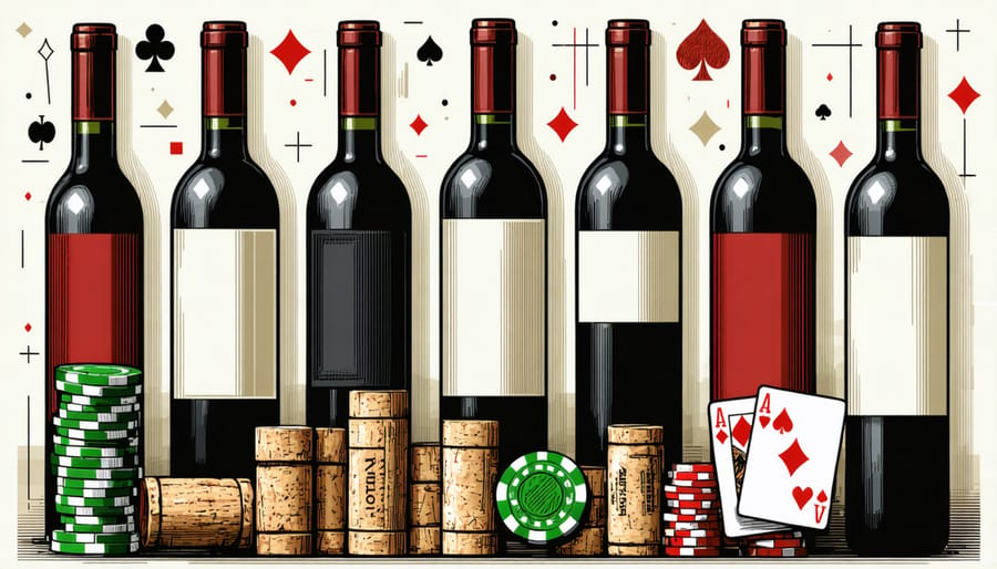 Collection of wine corks and labels contrasting with casino chips and playing cards